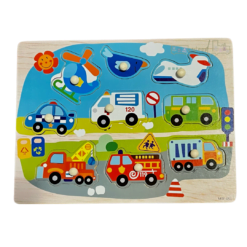 Puzzle Incastru din lemn cu maner, 9 Mijloace de Transport