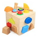 Cub Educativ Montessori cu 12 forme geometrice din lemn, 3 ani