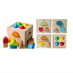 Cub Educativ Montessori cu 12 forme geometrice din lemn, 3 ani 001