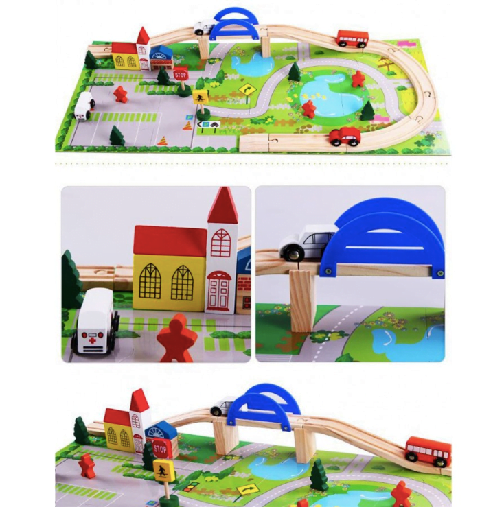 Circuit Auto cu masinute, pietoni, semne de circulatie si decor din Lemn - 40 Piese