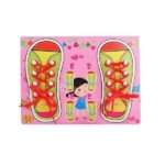 Puzzle din lemn - Invatam sa legam sireturile - Roz, 3 ani