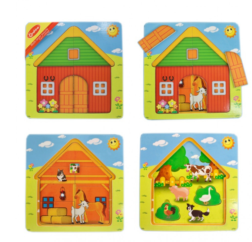 Puzzle suprapus din lemn, 3 straturi - La ferma, Onshine
