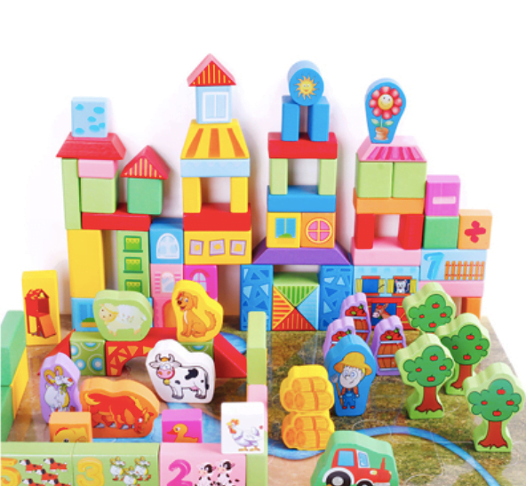 Set educativ de 100 cuburi din lemn pentru construit - Ferma animalelor, 3 ani