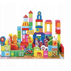 Set educativ de 100 cuburi din lemn multicolore pentru construit - Ferma animalelor