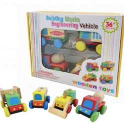 Set 4 masinute din lemn si cuburi - Vehicule de constructie