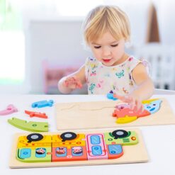 Puzzle 3D din lemn cu 10 piese colorate