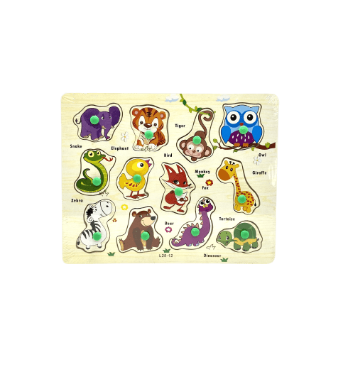 Puzzle din lemn cu butoni - 12 Animale salbatice