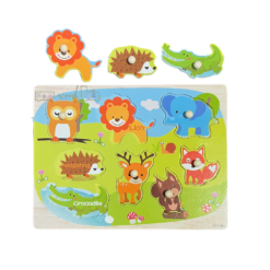 Puzzle incastru din lemn cu butoni - 8 Animale salbatice