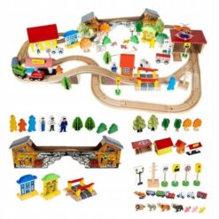 Circuit auto si feroviar din lemn cu 89 de piese