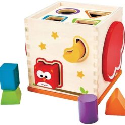 Cub Montessori din lemn cu sortator de forme geometrice