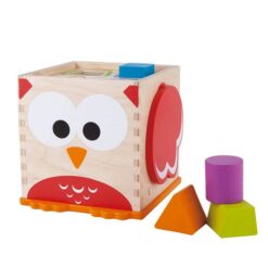 Cub Montessori din lemn cu sortator de forme geometrice