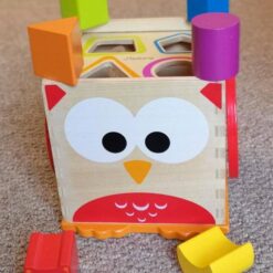 Cub Montessori din lemn cu sortator de forme geometrice