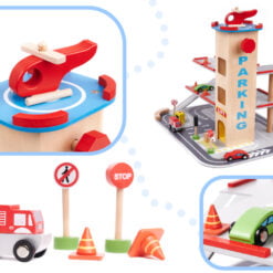 Joc din lemn - Parcare supraetajata cu 3 masinute si elicopter