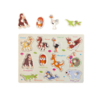 Puzzle incastru din lemn cu butoni si 11 animale salbatice