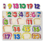 Puzzle incastru din lemn cu butoni si 20 piese cu cifre si obiecte