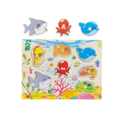 Puzzle incastru din lemn cu butoni si 7 animale marine