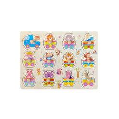 Puzzle incastru din lemn cu butoni si trenulet si animale, 12 piese