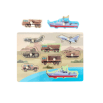 Puzzle incastru din lemn cu maner si 8 mijloace de transport