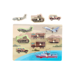 Puzzle incastru din lemn cu maner si 8 mijloace de transport