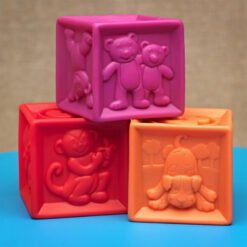 Set 10 cuburi pentru bebelusi, din silicon, cu texturi, animale si cifre