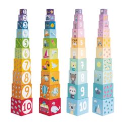 Turn cu 10 cuburi din carton - animale, cifre, vehicule si alfabet