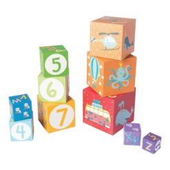 Turn cu 10 cuburi din carton - animale, cifre, vehicule si alfabet