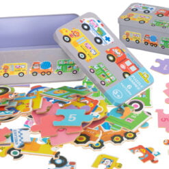Set 6 puzzle-uri cu animale din Vehicule, in cutie metalica, 30 piese mari