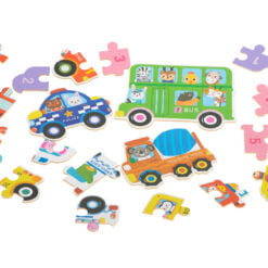 Set 6 puzzle-uri cu animale din Vehicule, in cutie metalica, 30 piese mari