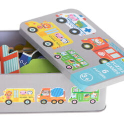 Set 6 puzzle-uri cu animale din Vehicule, in cutie metalica, 30 piese mari