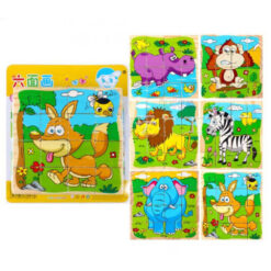 Set 6 puzzle cubic din lemn - Animale salbatice, 16 cuburi