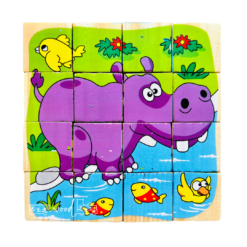 Set 6 puzzle cubic din lemn - Animale salbatice, 16 cuburi