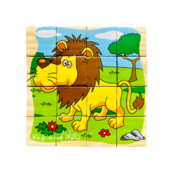 Set 6 puzzle cubic din lemn - Animale salbatice, 16 cuburi