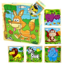 Set 6 puzzle cubic din lemn - Animale salbatice, 16 cuburi