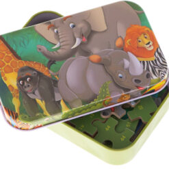 Puzzle educativ in cutie metalica cu 60 de piese - Animale salbatice