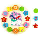 Puzzle incastru din lemn cu 12 forme geometrice - Ceas, 25 cm