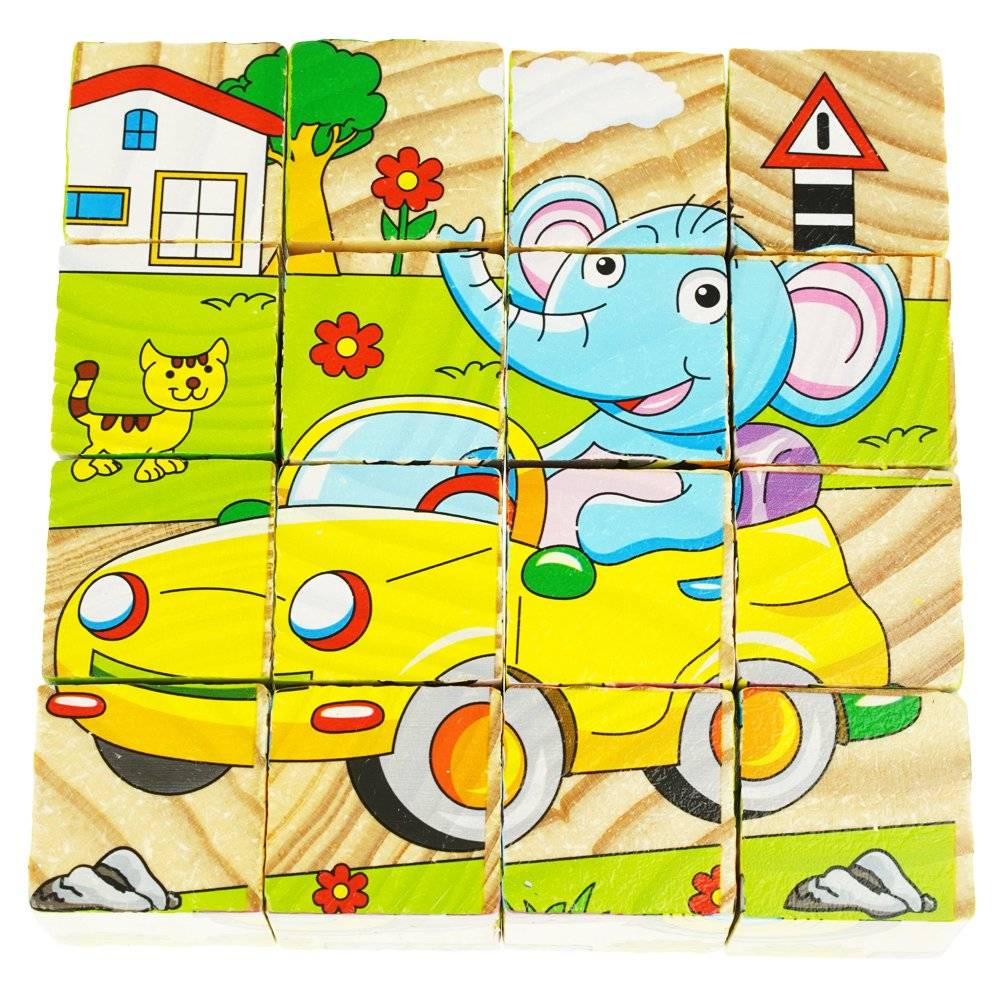 Set 6 puzzle cubic din lemn - Animale, 16 cuburi