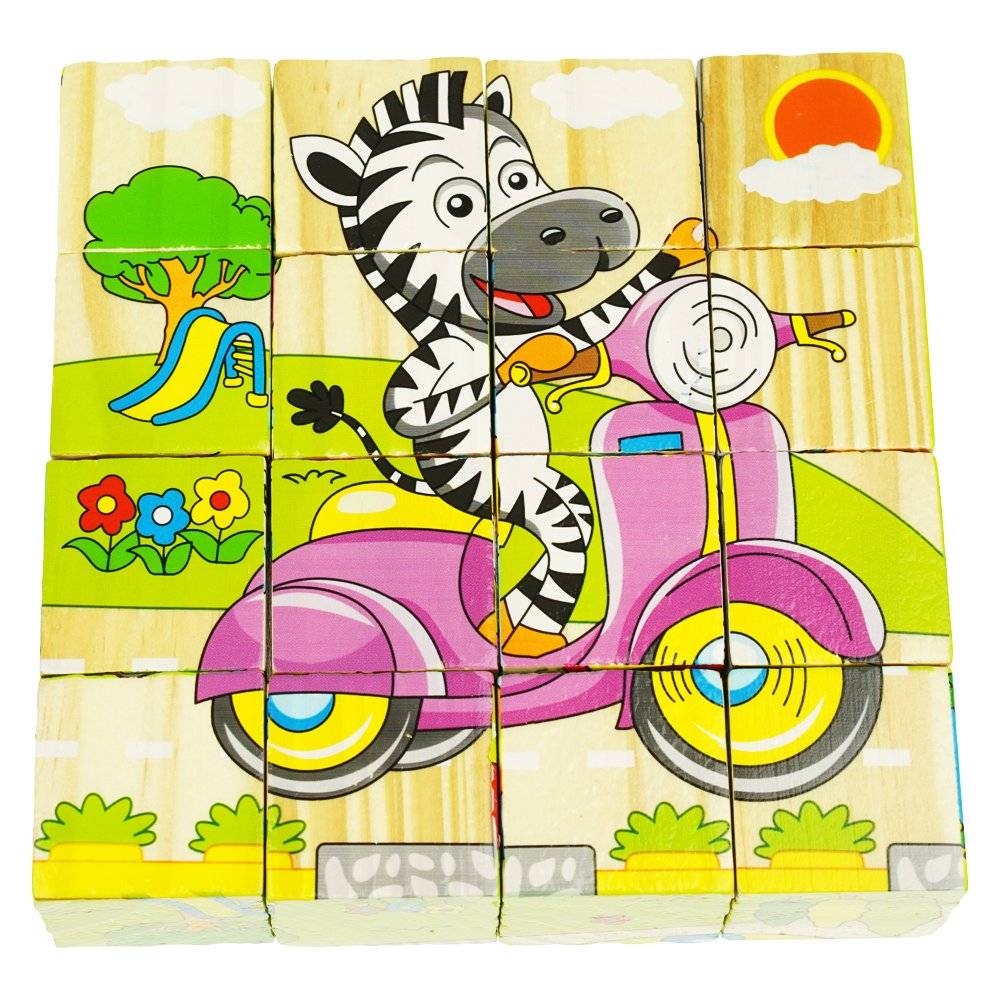 Set 6 puzzle cubic din lemn - Animale, 16 cuburi