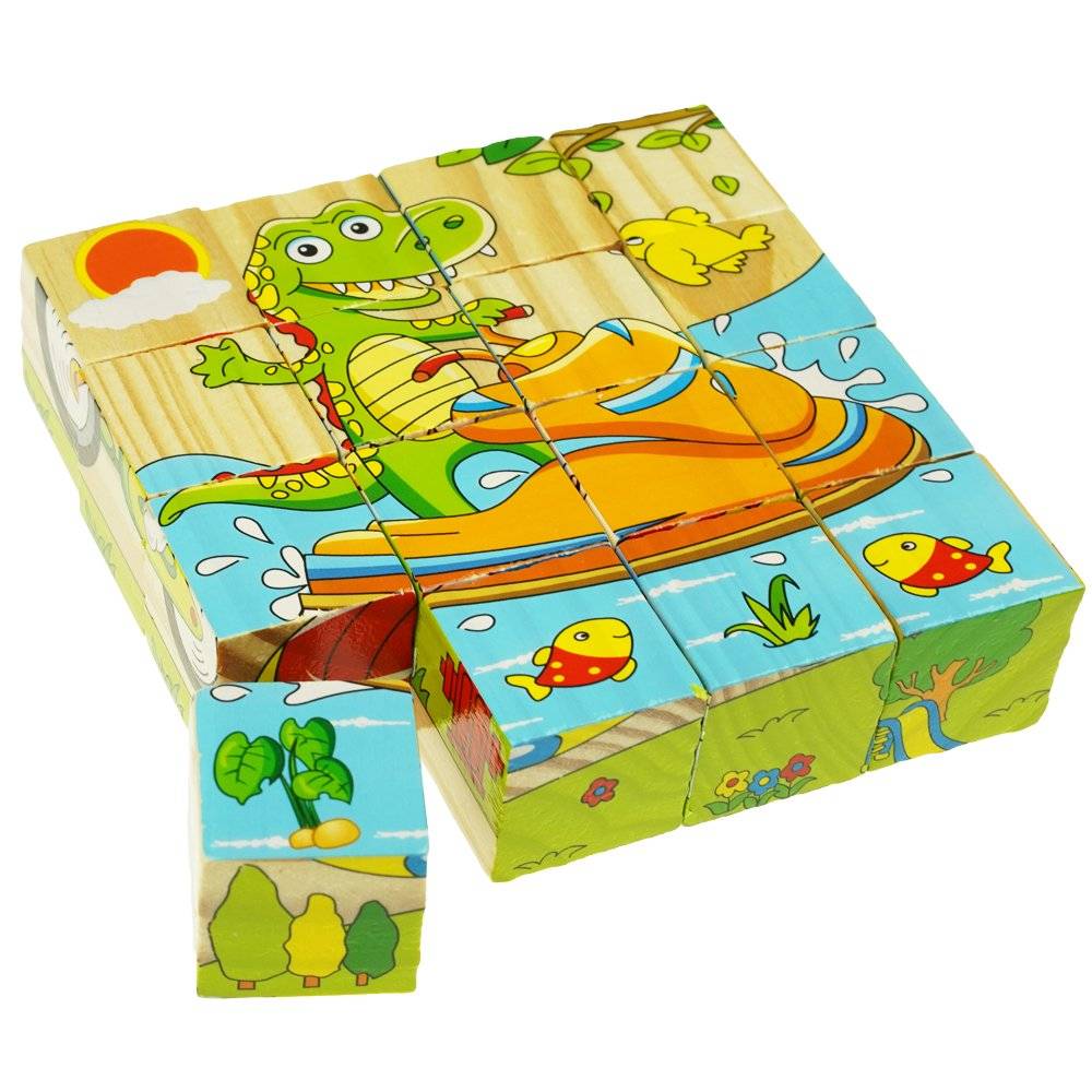 Set 6 puzzle cubic din lemn - Animale, 16 cuburi