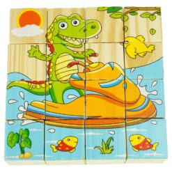 Set 6 puzzle cubic din lemn - Animale, 16 cuburi