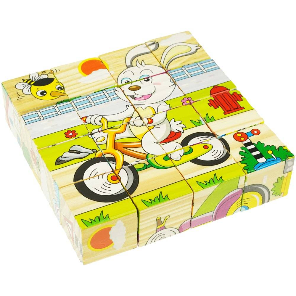 Set 6 puzzle cubic din lemn - Animale, 16 cuburi
