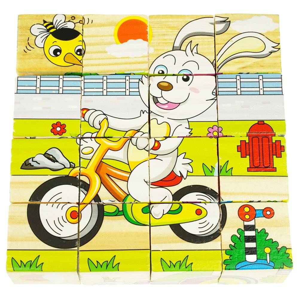 Set 6 puzzle cubic din lemn - Animale, 16 cuburi