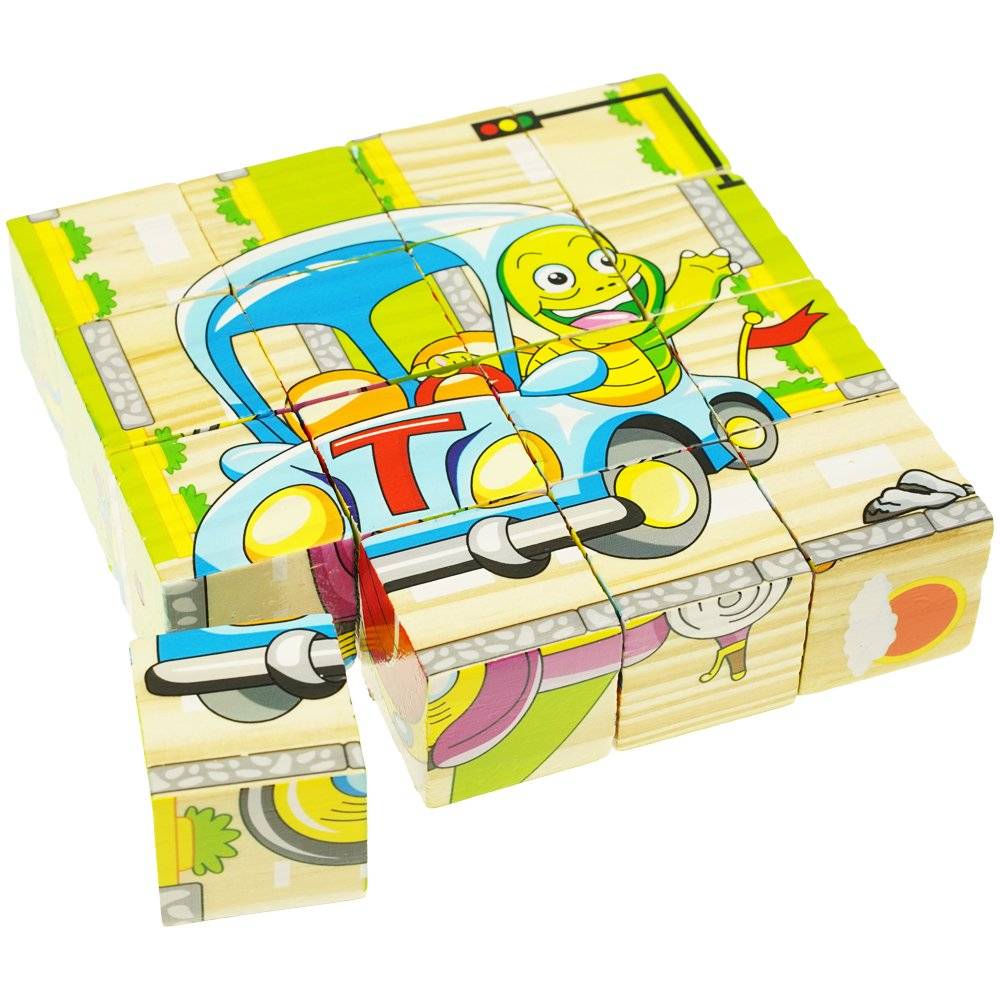 Set 6 puzzle cubic din lemn - Animale, 16 cuburi
