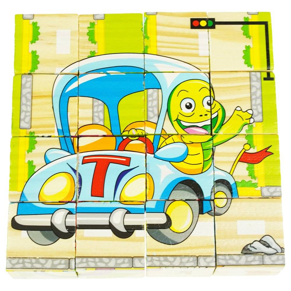 Set 6 puzzle cubic din lemn - Animale, 16 cuburi