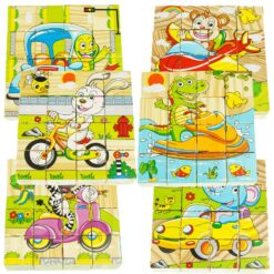Set 6 puzzle cubic din lemn - Animale, 16 cuburi