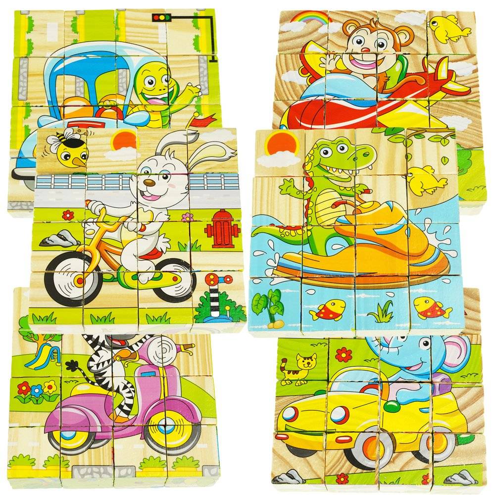 Set 6 puzzle cubic din lemn - Animale, 16 cuburi