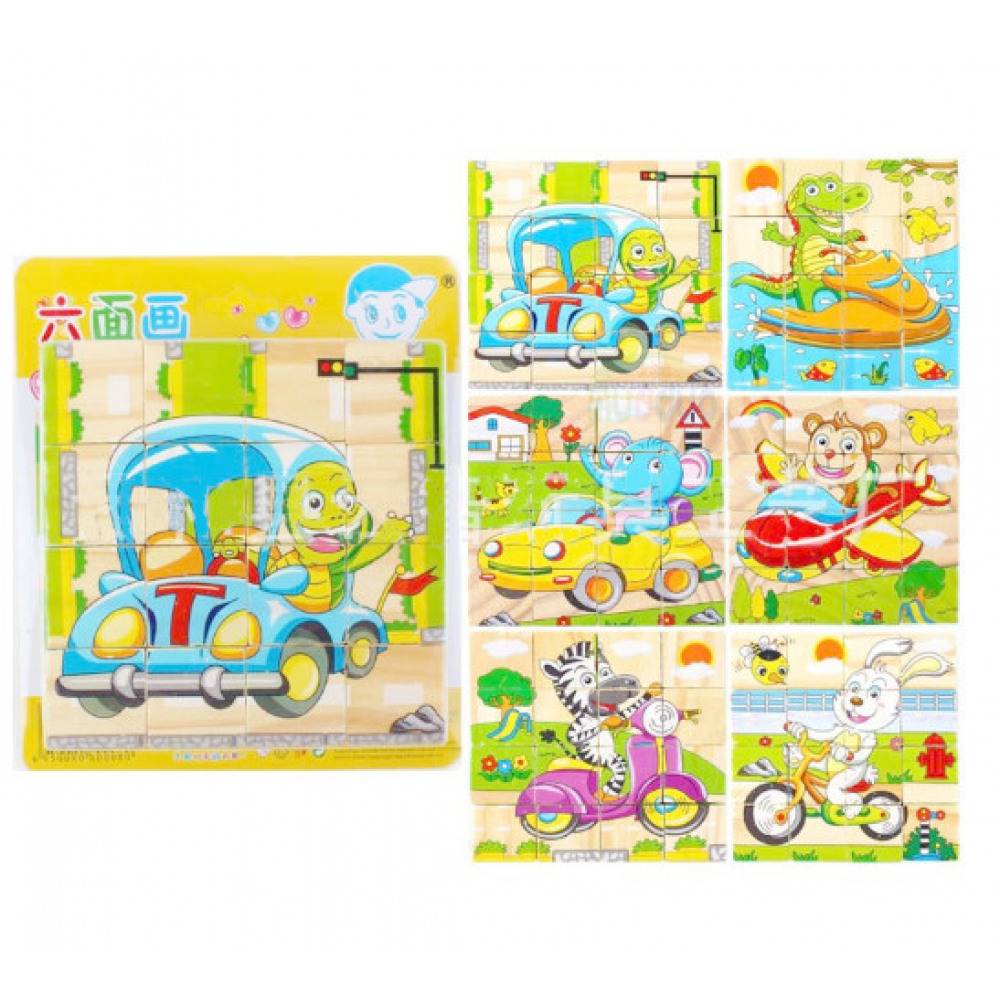 Set 6 puzzle cubic din lemn - Animale, 16 cuburi