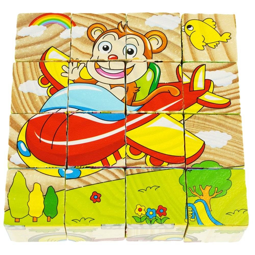 Set 6 puzzle cubic din lemn - Animale, 16 cuburi