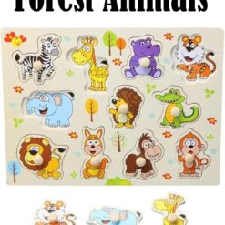 Puzzle incastru din lemn cu butoni si 11 animale salbatice din jungla