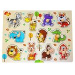 Puzzle incastru din lemn cu butoni si 11 animale salbatice din jungla