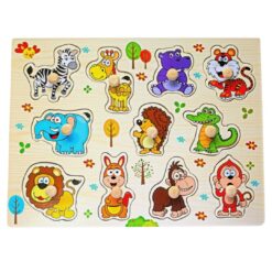 Puzzle incastru din lemn cu butoni si 11 animale salbatice din jungla